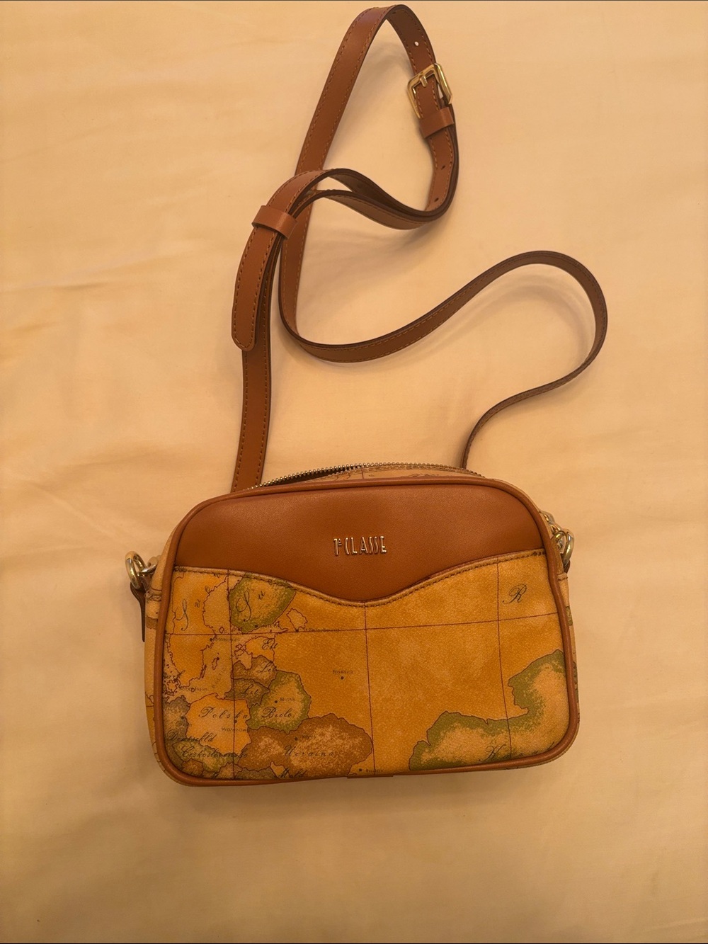 Alviero Martini Tan Leather & Map-Print Crossbody Bag